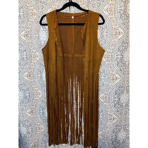 Hippie Costume Set With Fringe Vest Feather Earrings Beaded Headband & Round Sun - Picture 2 of 10